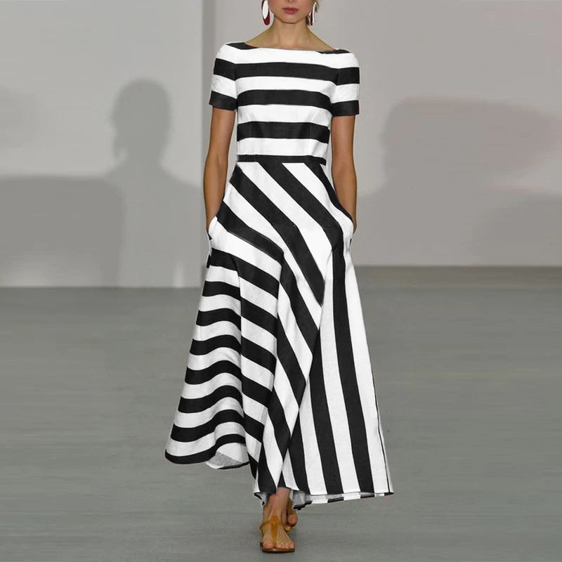 Striped Short Sleeve Maxi Dress Daphne Front View