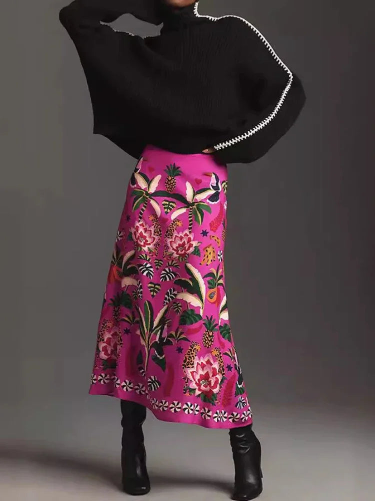 Vibrant Floral Print Midi Skirt Denise Front View