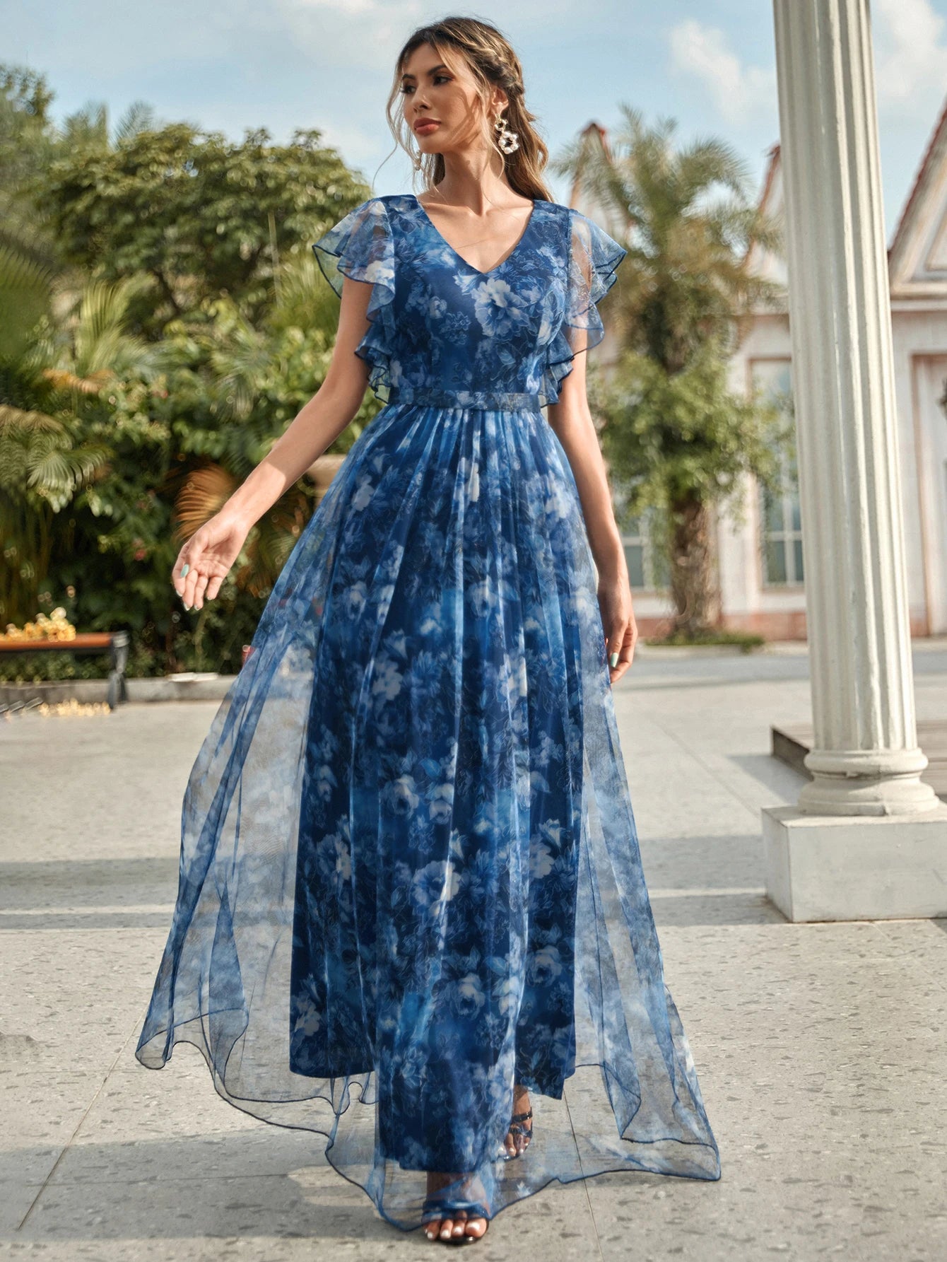 Floral Flutter Sleeve Maxi Dress Kaye Back View