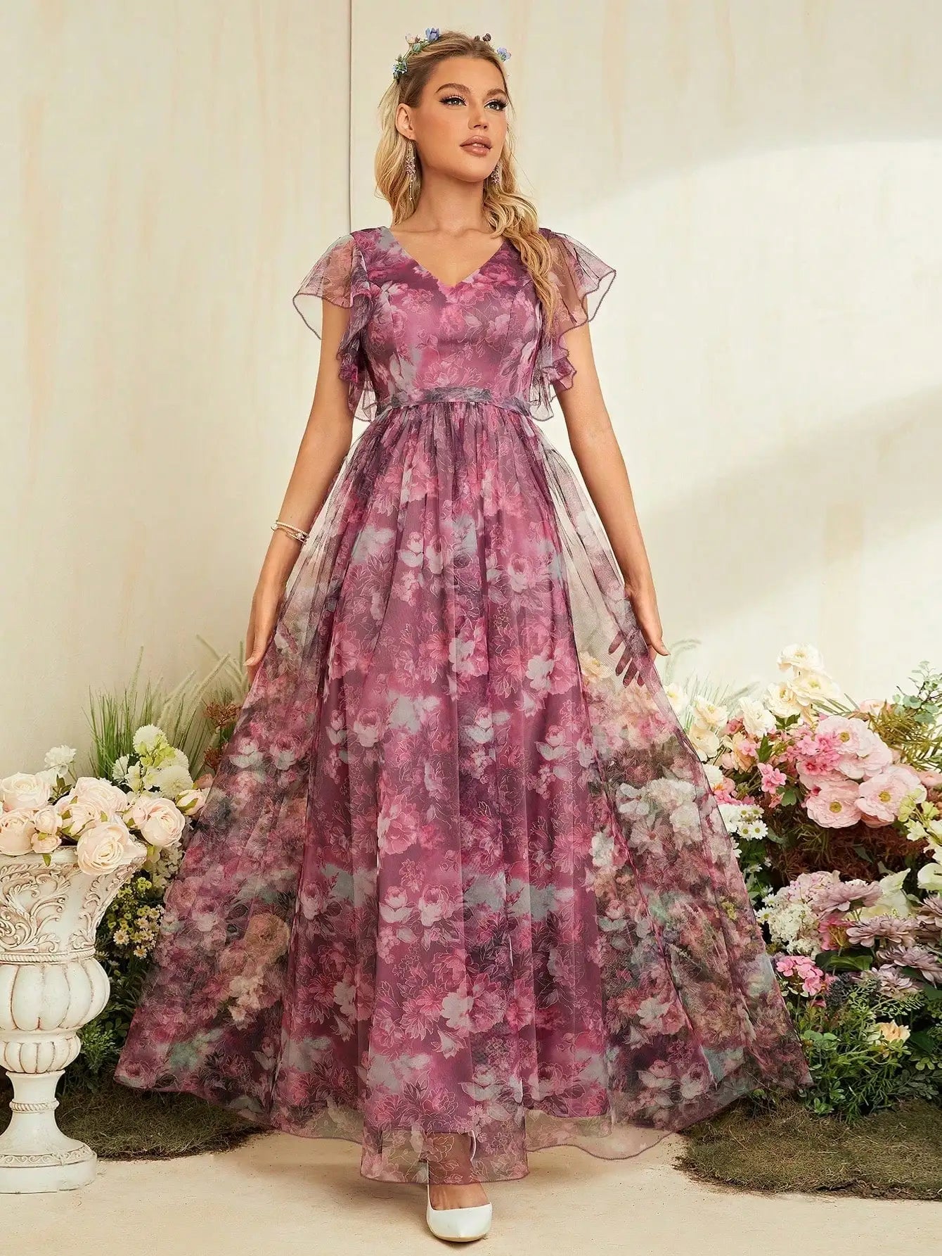Floral Flutter Sleeve Maxi Dress Kaye Front View
