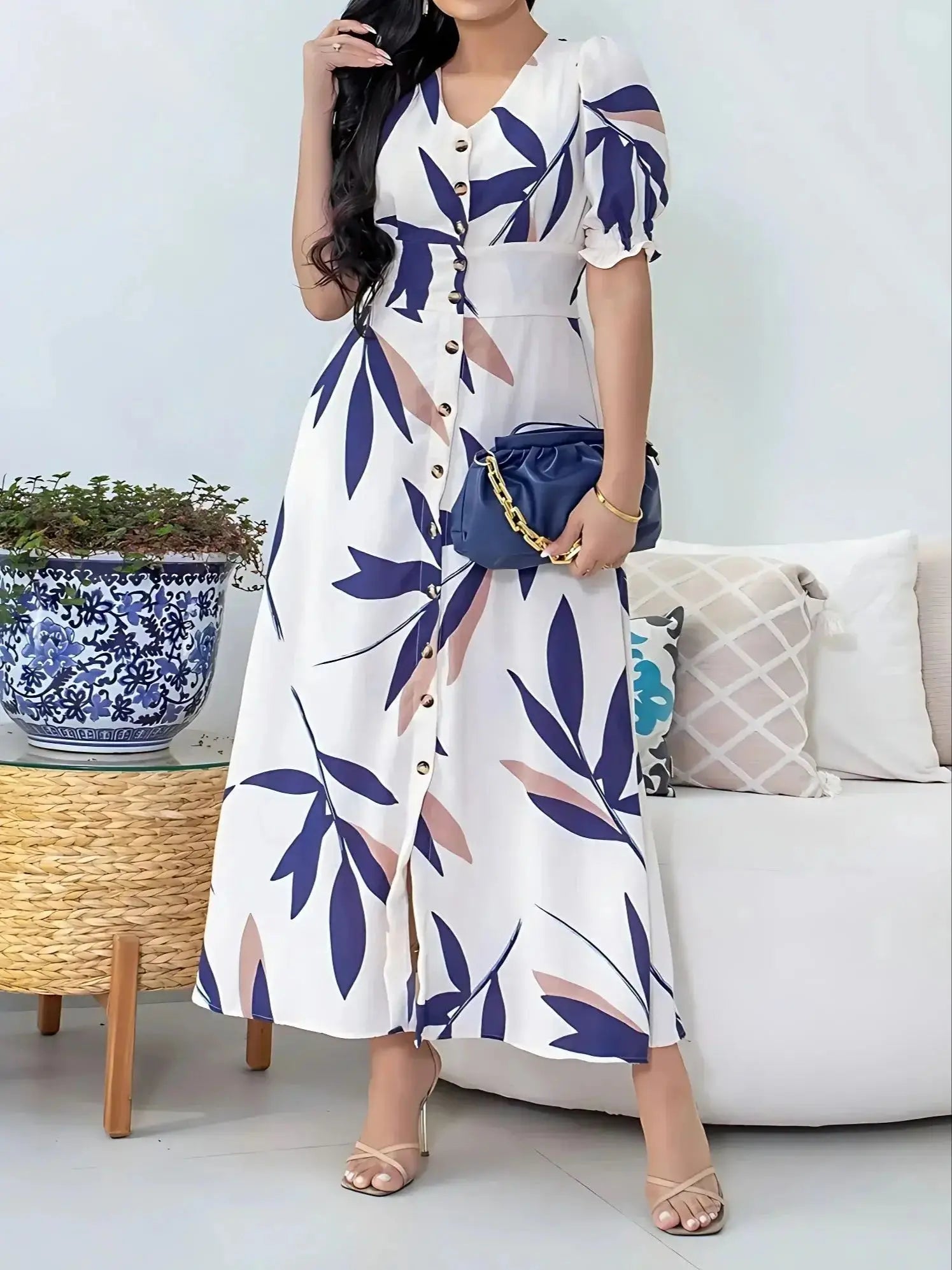 Floral Print Button-Down Maxi Dress Aria Front View